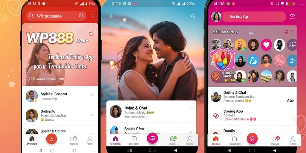 Antarmuka WP888 menunjukkan berbagai fitur canggih aplikasi Dating App.
